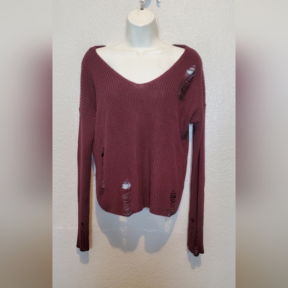 💚5/$25 Garage Distressed Burgundy Off The Shoulder Oversized Knit Sweater Small - Picture 1 of 8